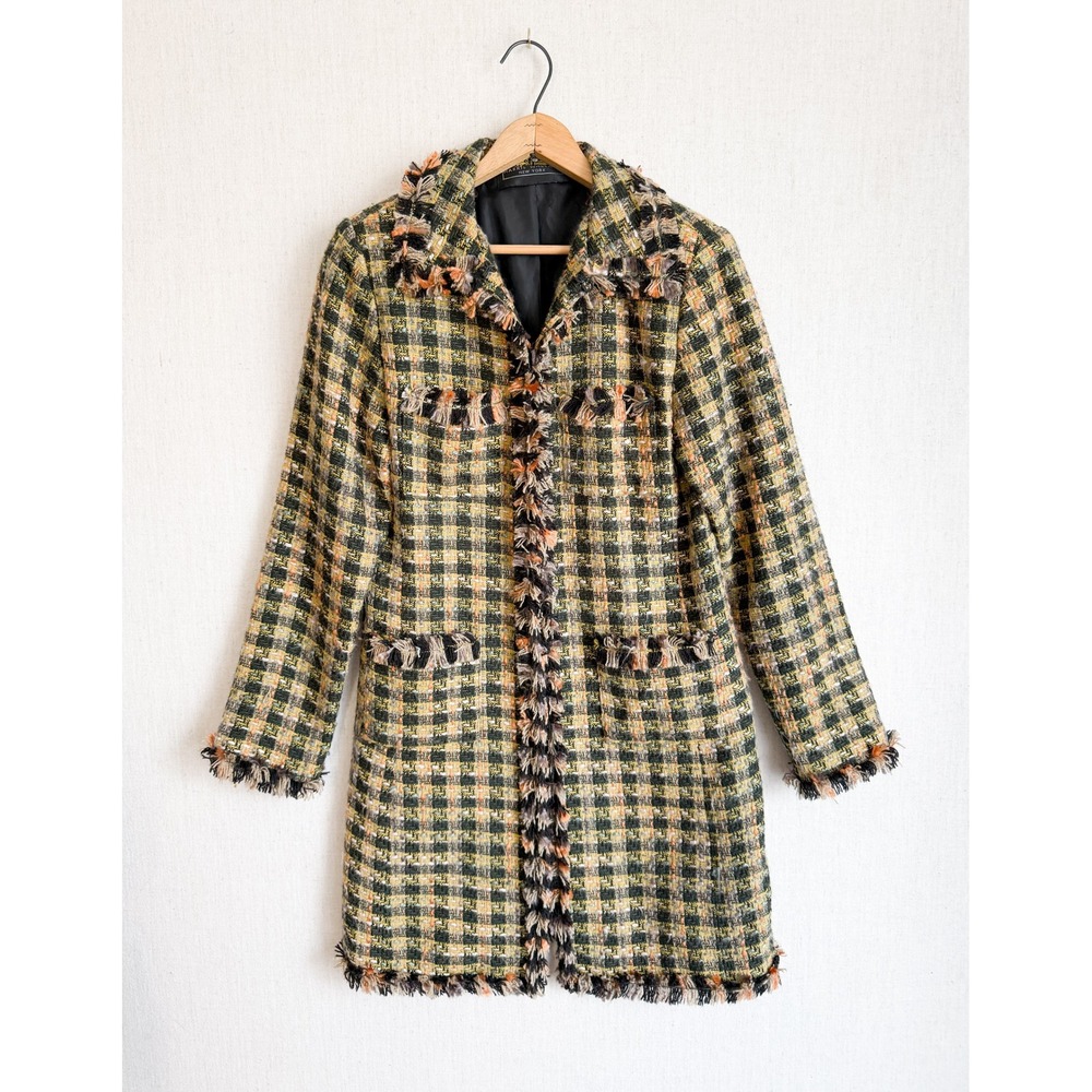 Harris‎ Wallace y2k Vintage Tweed Plaid Fringe Coat Green Yellow Orange Jacket